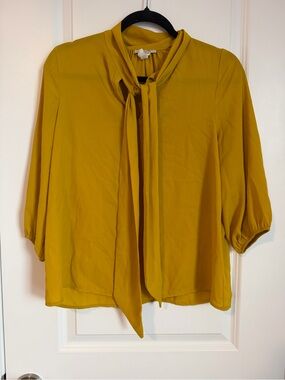 Tie-Neck Mustard Blouse with Three-Quarter Sleeves
